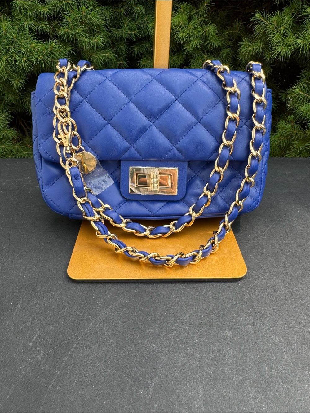 Giuliana Rancic Quilted Blue Faux Leather Chain Shoulder Bag with Gold Hardware